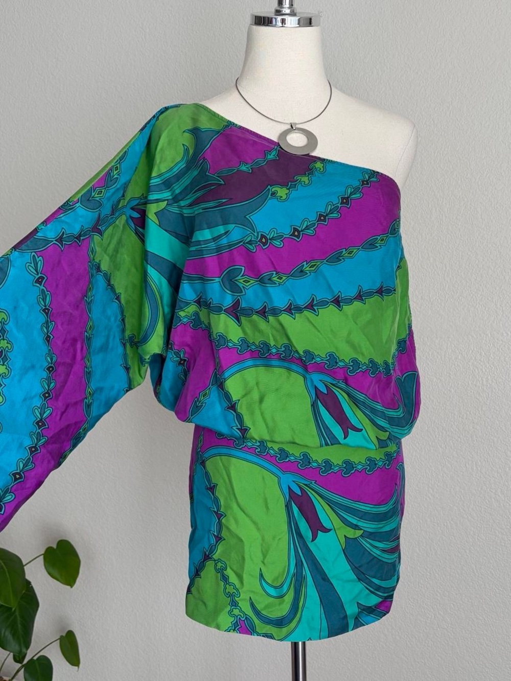 Laundry by Shelli Segal Silk One-Shoulder Green & Teal Printed Mini Dress